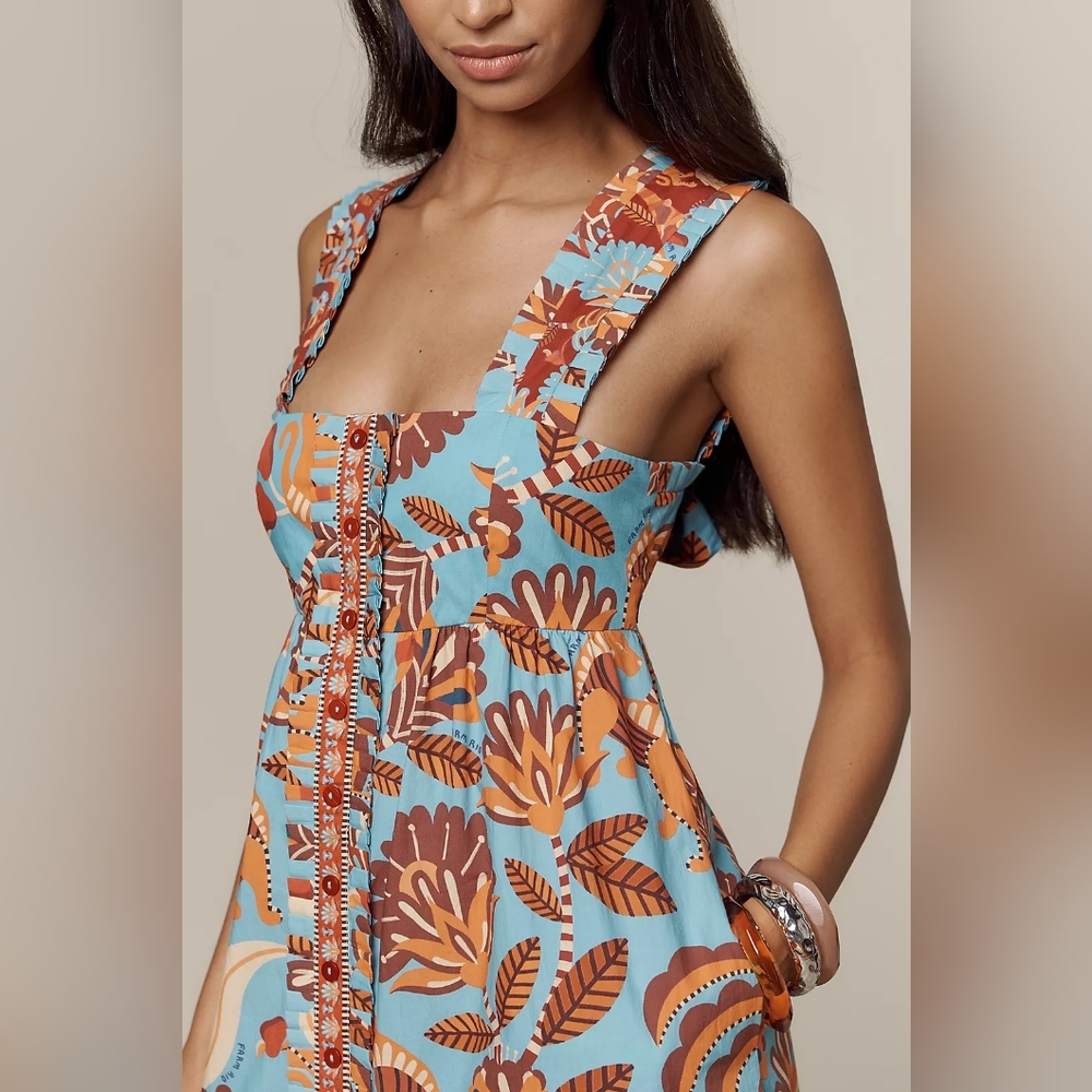 NWT Anthropologie Farm Rio Square Neck Midi Dress Blue Orange XL - Picture 2 of 12